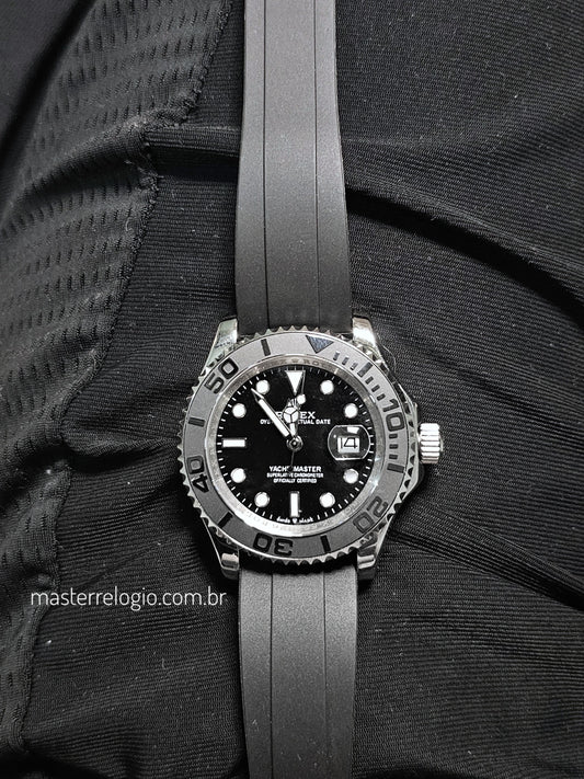 Rolex Yatch Master Prata Pulseira preta 42mm