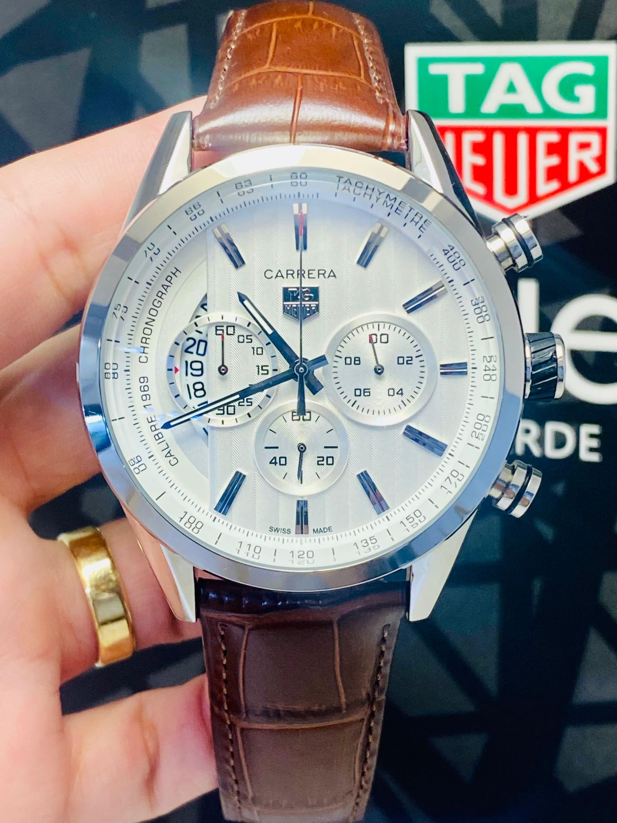 Tag Heuer Couro Carrera Dourado 1969 Pulseira Marrom