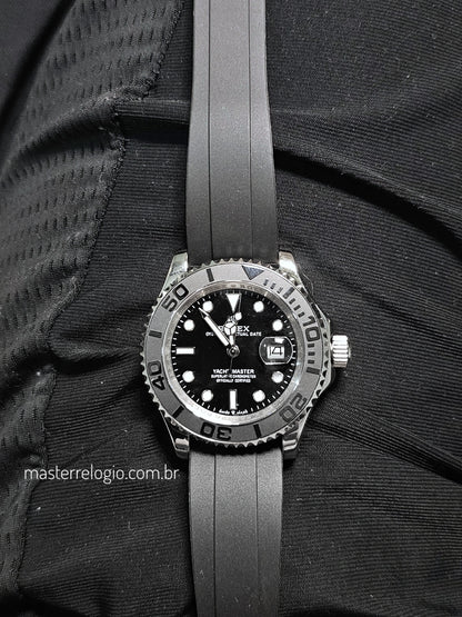 Rolex Yatch Master Prata Pulseira preta 42mm