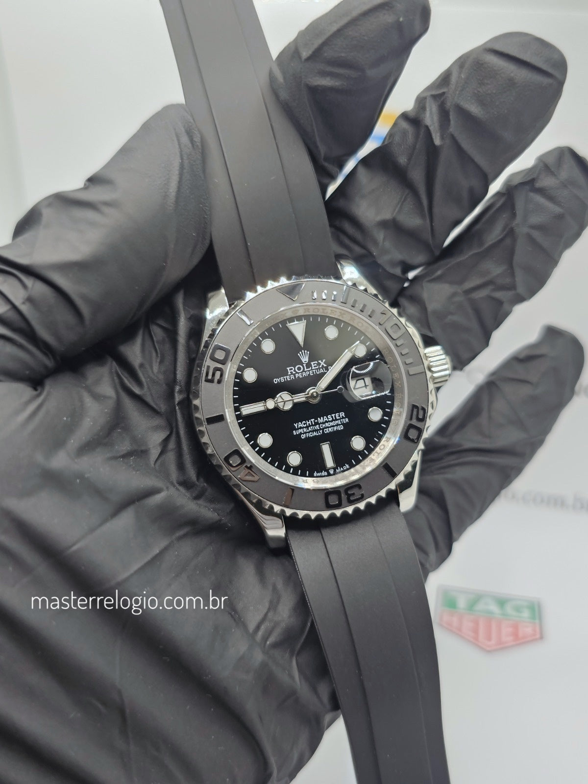 Rolex Yatch Master Prata Pulseira preta 42mm