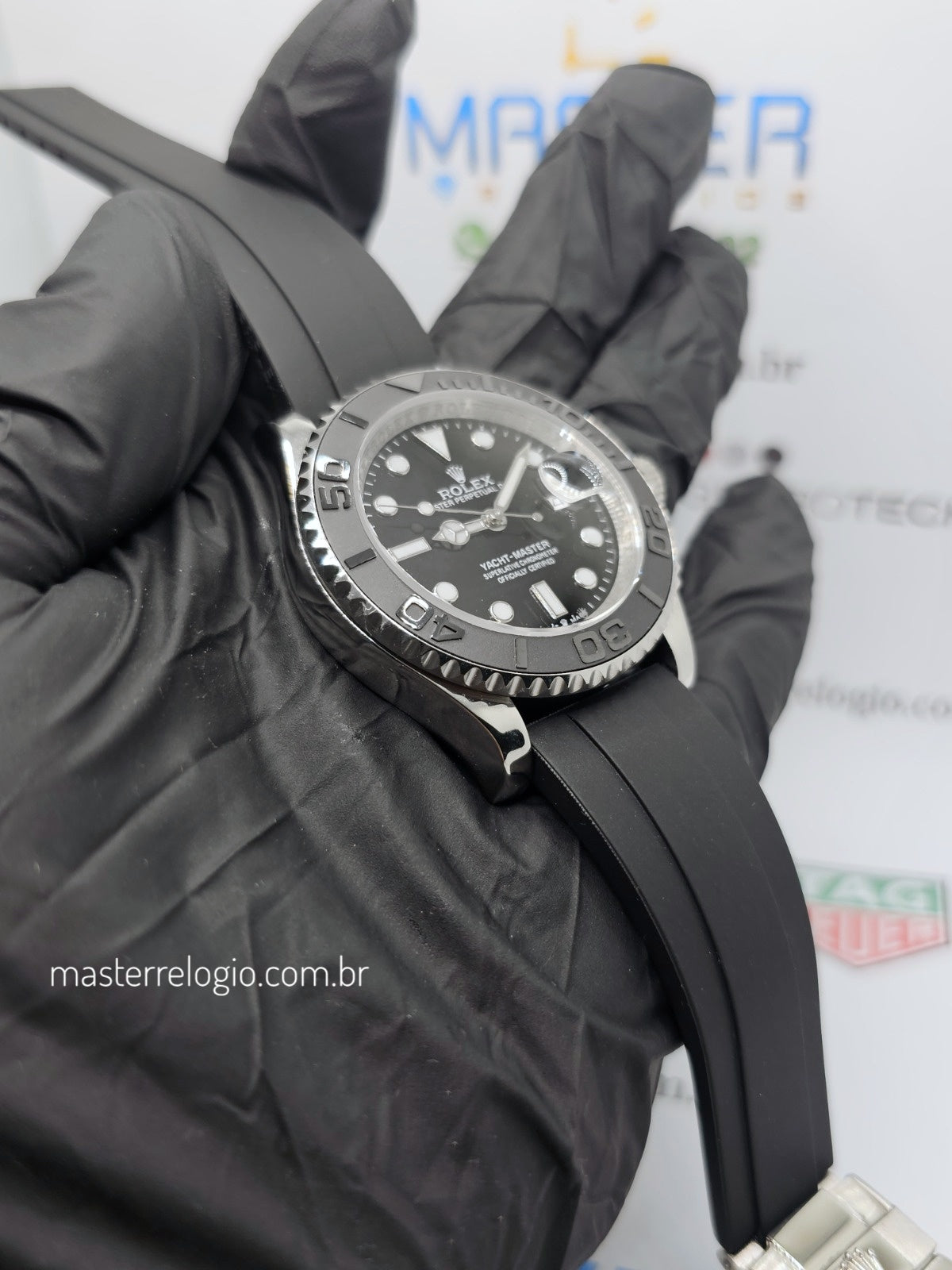 Rolex Yatch Master Prata Pulseira preta 42mm