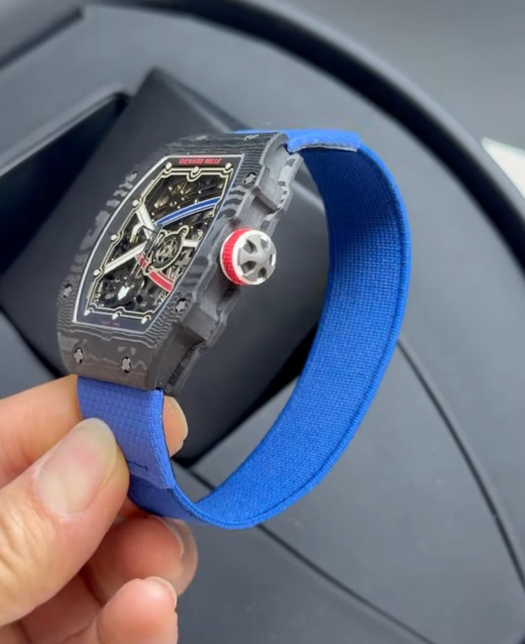 Richard Mille 67-02 Fino 37g fibra de carbono automatico Azul + Pulseira extra Velcro