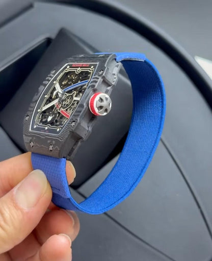 Richard Mille 67-02 Fino 37g fibra de carbono automatico Azul + Pulseira extra Velcro