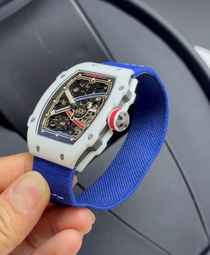 Richard Mille 67-02 Fino 37g fibra de carbono automatico Branco com Azul + Pulseira extra Velcro