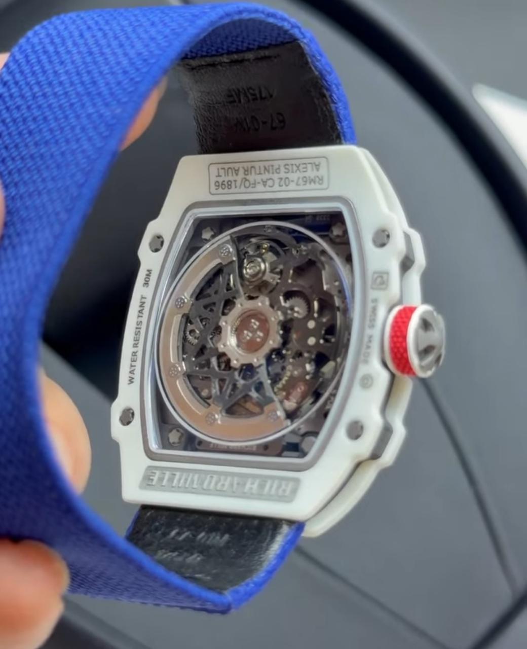 Richard Mille 67-02 Fino 37g fibra de carbono automatico Branco com Azul + Pulseira extra Velcro