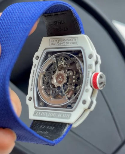 Richard Mille 67-02 Fino 37g fibra de carbono automatico Branco com Azul + Pulseira extra Velcro