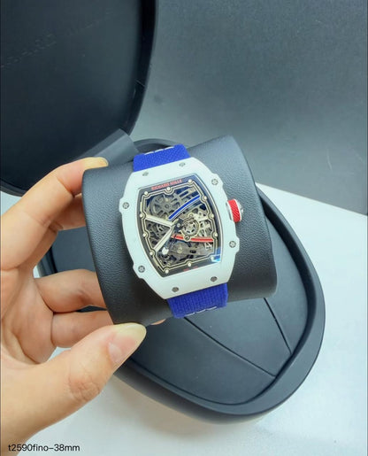 Richard Mille 67-02 Fino 37g fibra de carbono automatico Branco com Azul + Pulseira extra Velcro