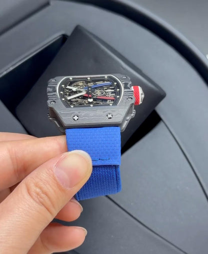 Richard Mille 67-02 Fino 37g fibra de carbono automatico Azul + Pulseira extra Velcro