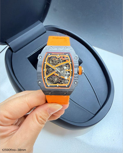 Richard Mille 67-02 Fino 37g fibra de carbono automatico Laranja + Pulseira extra Velcro