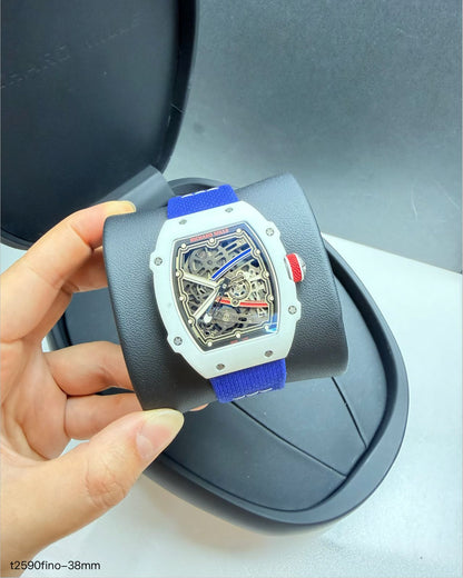 Richard Mille 67-02 Fino 37g fibra de carbono automatico Branco com Azul + Pulseira extra Velcro