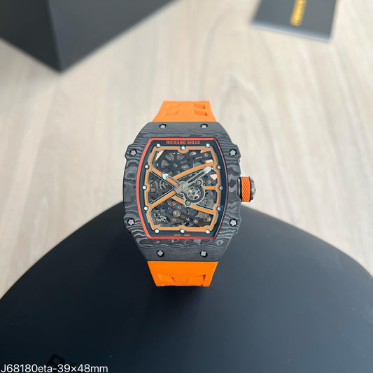 Richard Mille 67-02 Fino 37g fibra de carbono automatico Laranja + Pulseira extra Velcro