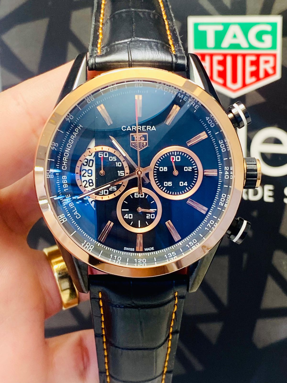 Tag Heuer Couro Carrera Dourado 1969 Pulseira Preta
