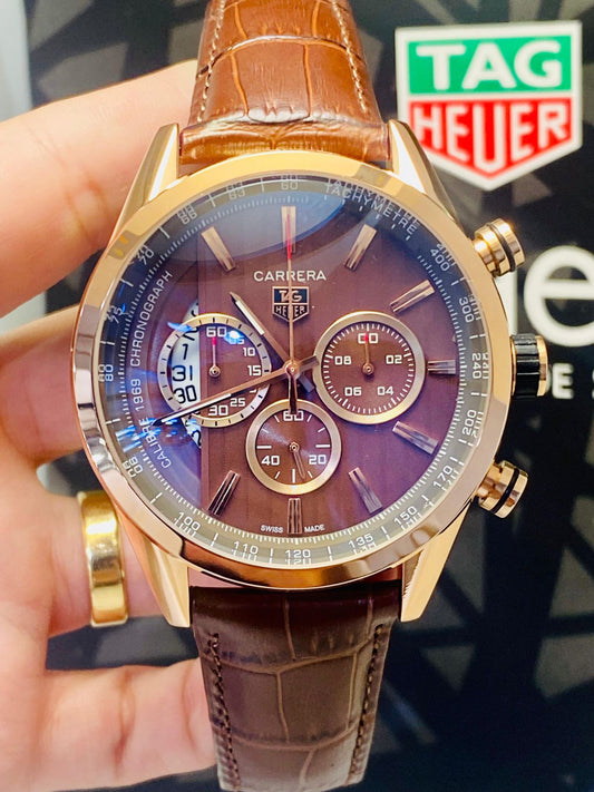 Tag Heuer Couro Carrera Dourado 1969 Pulseira Marrom