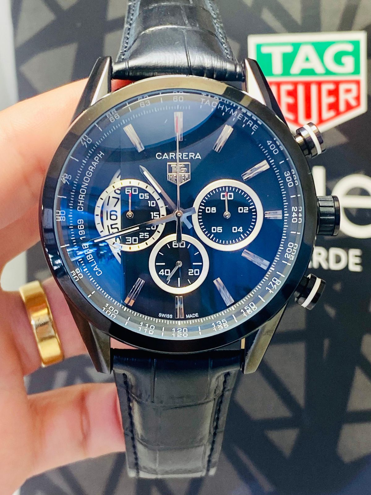 Tag Heuer Couro Carrera Dourado 1969 Pulseira Preta