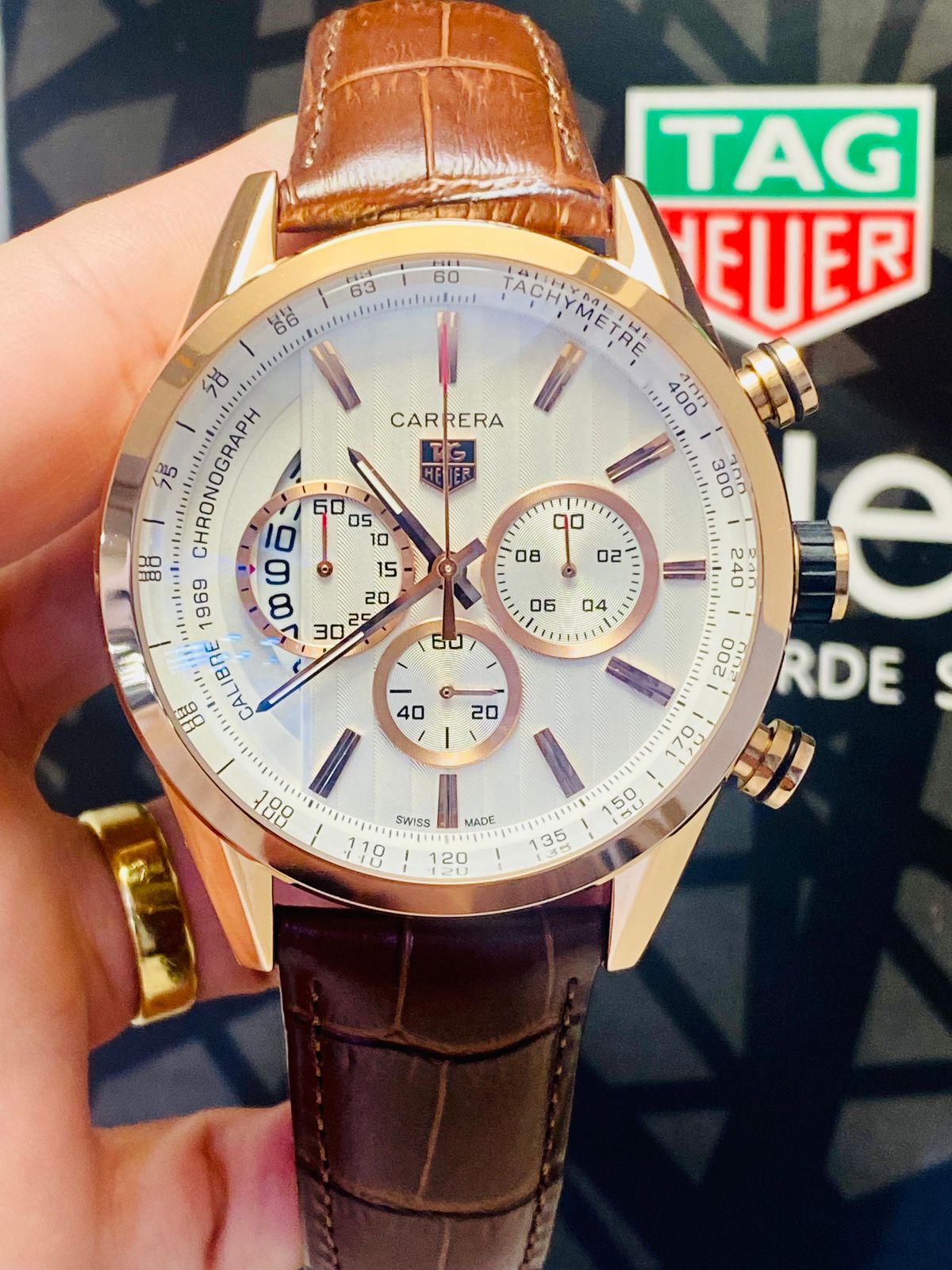 Tag Heuer Couro Carrera Dourado 1969 Pulseira Marrom
