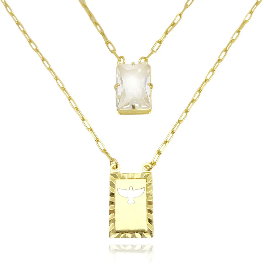 Escapulário 70cm E.Santo e Zircônia Cristal 2mm Banho Ouro 24k