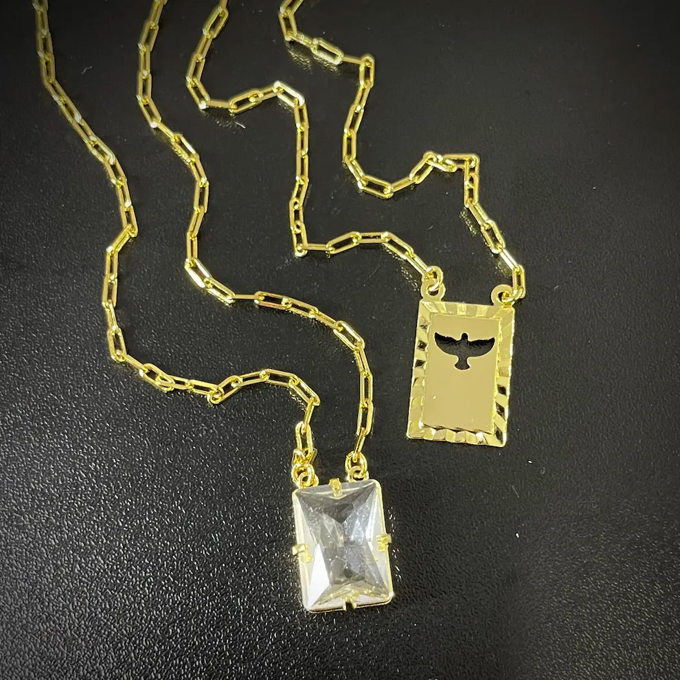 Escapulário 70cm E.Santo e Zircônia Cristal 2mm Banho Ouro 24k