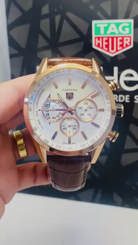Tag Heuer Couro Carrera Dourado 1969 Pulseira Marrom