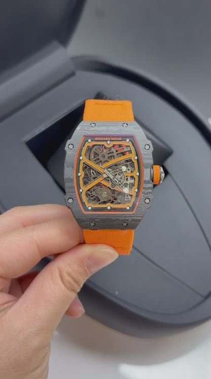 Richard Mille 67-02 Fino 37g fibra de carbono automatico Laranja + Pulseira extra Velcro
