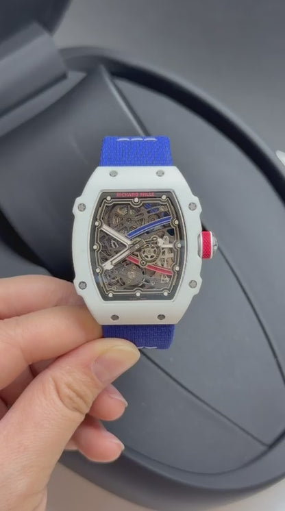 Richard Mille 67-02 Fino 37g fibra de carbono automatico Branco com Azul + Pulseira extra Velcro