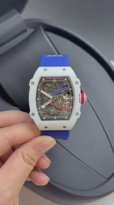 Richard Mille 67-02 Fino 37g fibra de carbono automatico Branco com Azul + Pulseira extra Velcro