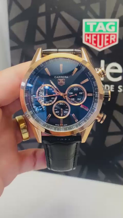 Tag Heuer Couro Carrera Dourado 1969 Pulseira Preta