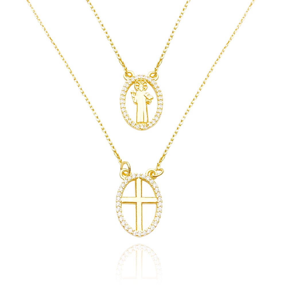 Escapulário Cruz e São Bento 60cm Carrier (Banho Ouro 24k)