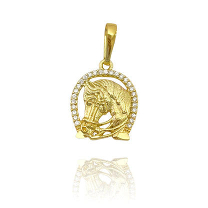 Pingente Ferradura c/ Cavalo Cravejado em Zircônia (2,4cmX2cm) (Banho Ouro 24k)